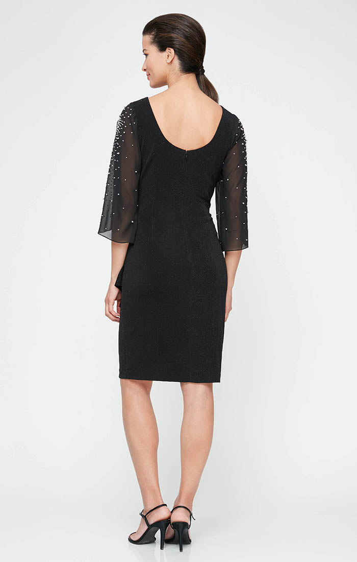 Petite Metallic Knit Party Dress with Embellished Illusion Sleeves