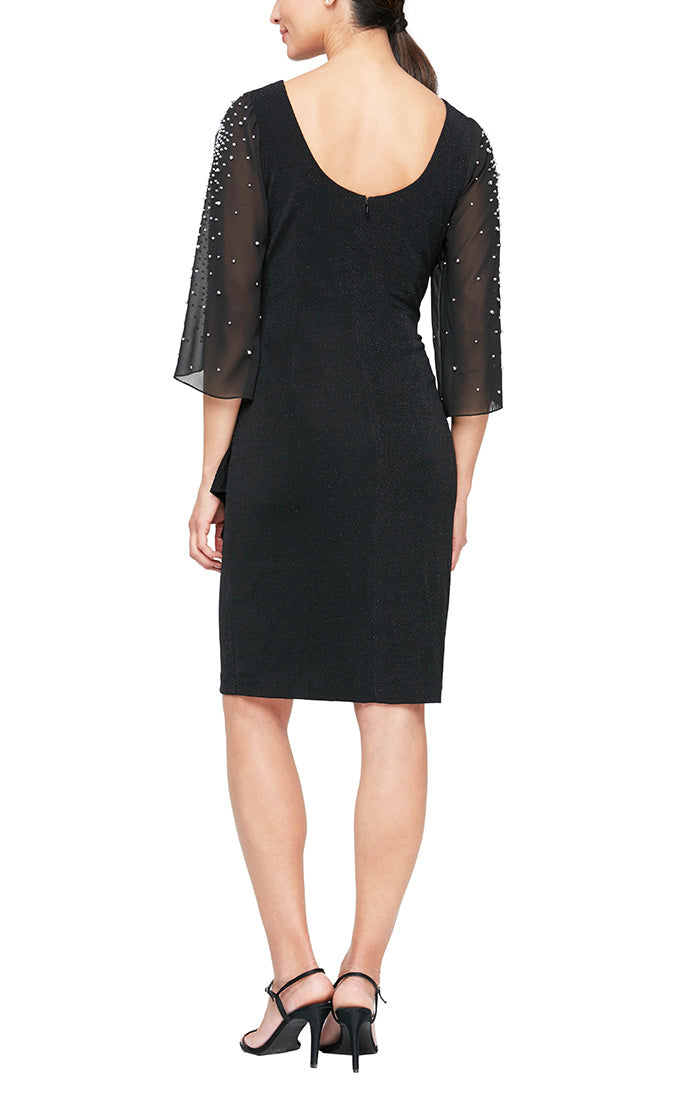 Metallic Knit Party Dress with Embellished Illusion Sleeves & Cascade Ruffle Detail Skirt