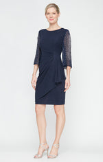 Petite Short Metallic Knit Party Dress with Embellished Illusion Sleeves & Cascade Ruffle Skirt