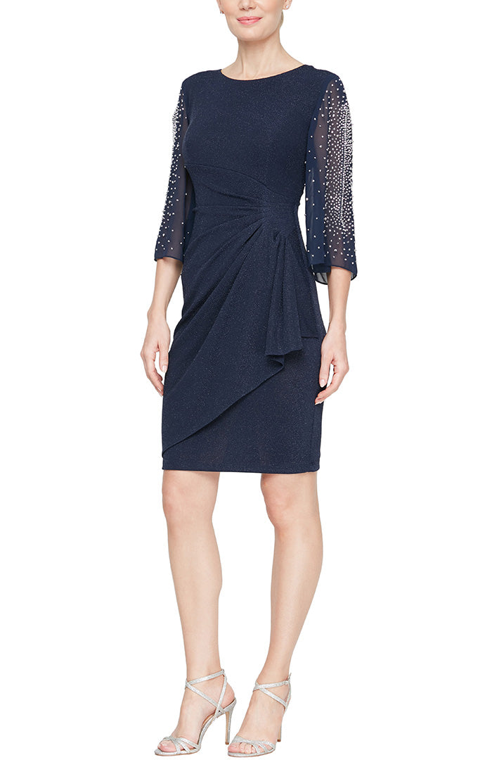 Plus Metallic Knit Party Dress with Embellished Illusion Sleeves & Cascade Ruffle Skirt