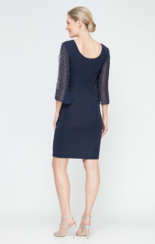 Petite Short Metallic Knit Party Dress with Embellished Illusion Sleeves & Cascade Ruffle Skirt