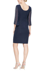 Petite Metallic Knit Party Dress with Embellished Illusion Sleeves & Cascade Ruffle Skirt