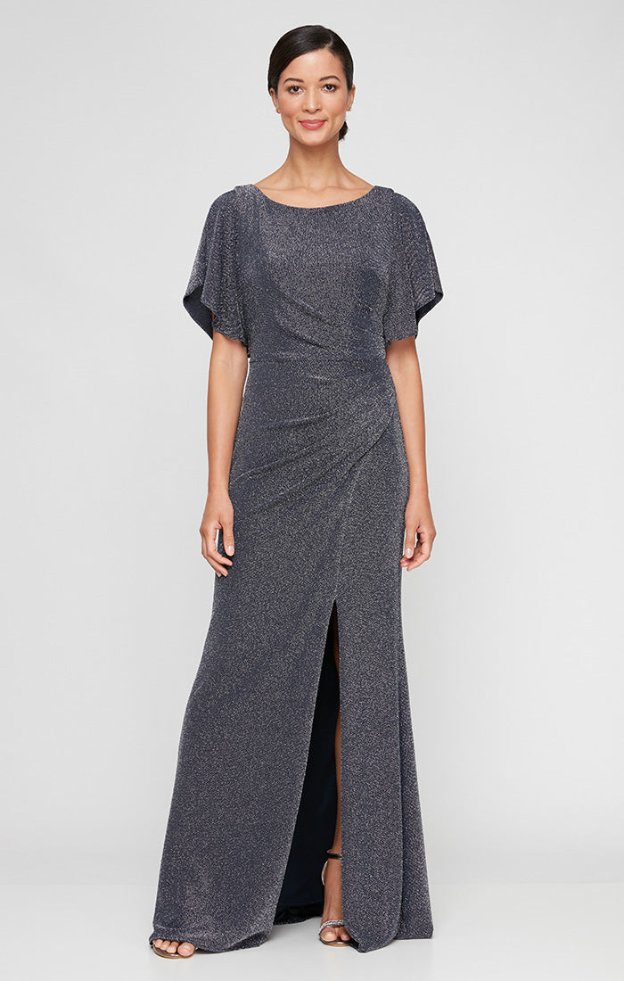 Regular - Long Flutter Sleeve Metallic Knit Dress with Ruched Waist Detail & Front Slit