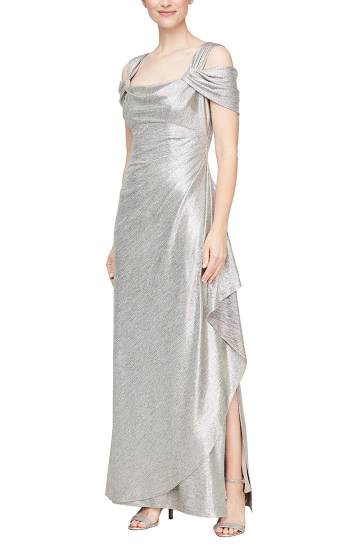 Long Metallic Knit Cowl Neck Cold Shoulder Dress With Cascade Detail Skirt