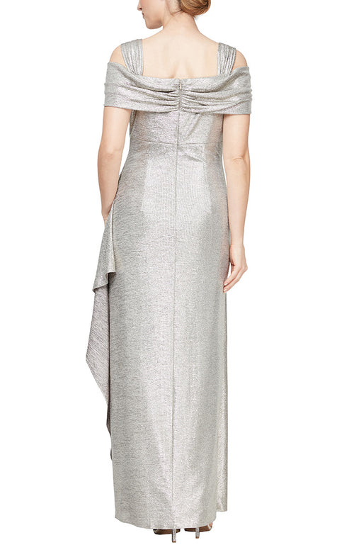 Long Metallic Knit Cowl Neck Cold Shoulder Dress With Cascade Detail Skirt