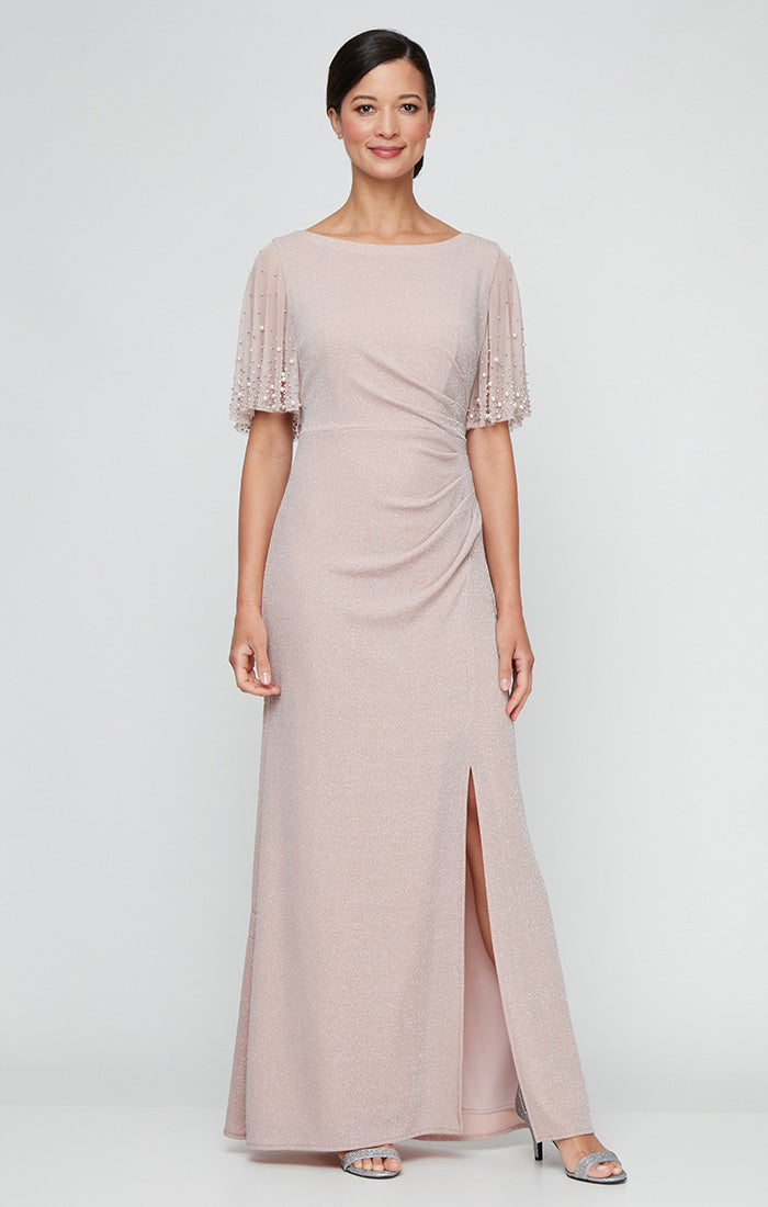 Petite Long Embellished Flutter Sleeve Metallic Knit Dress With Ruched Waist Detail and Front Slit