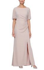 Petite Long Embellished Flutter Sleeve Metallic Knit Dress With Ruched Waist Detail and Front Slit