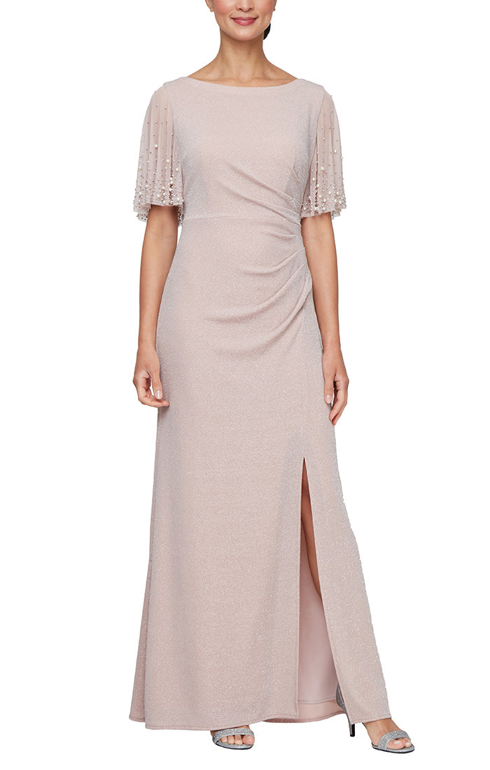 Petite Long Embellished Flutter Sleeve Metallic Knit Dress With Ruched Waist Detail and Front Slit