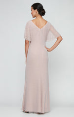 Petite Long Embellished Flutter Sleeve Metallic Knit Dress With Ruched Waist Detail and Front Slit