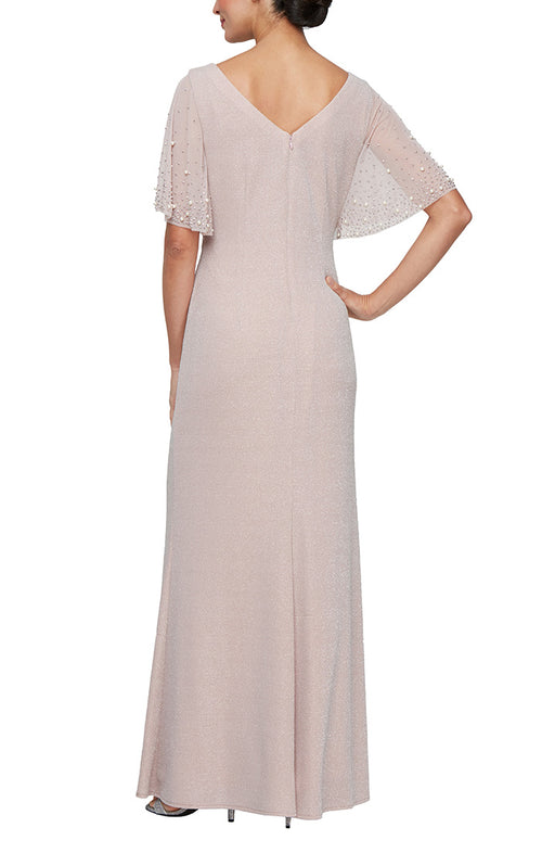 Petite Long Embellished Flutter Sleeve Metallic Knit Dress With Ruched Waist Detail and Front Slit