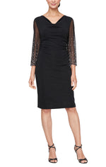 Short Cowl Neck Sheath Dress with Heat Set Illusion Sleeves