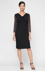 Short Cowl Neck Sheath Dress with Heat Set Illusion Sleeves