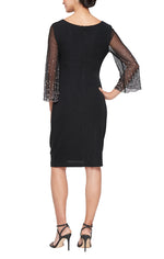 Short Cowl Neck Sheath Dress with Heat Set Illusion Sleeves