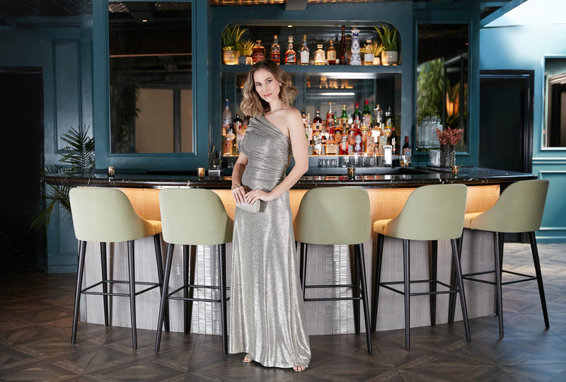 Long One Shoulder Metallic Knit Gown with Ruched Detail