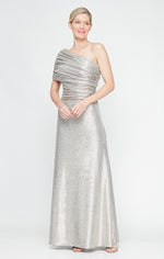 Long One Shoulder Metallic Knit Gown with Ruched Detail