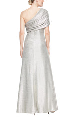 Long One Shoulder Metallic Knit Gown with Ruched Detail