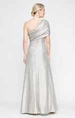 Long One Shoulder Metallic Knit Gown with Ruched Detail