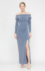 Long Metallic Knit Off the Shoulder Dress with Foldover Cuff Neckline, Long Sleeves and Front Slit