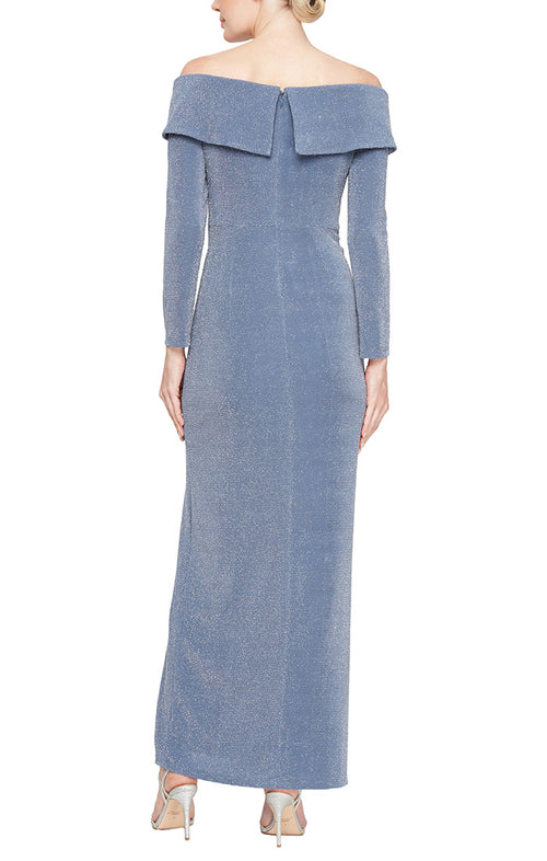 Long Metallic Knit Off the Shoulder Dress with Foldover Cuff Neckline, Long Sleeves and Front Slit