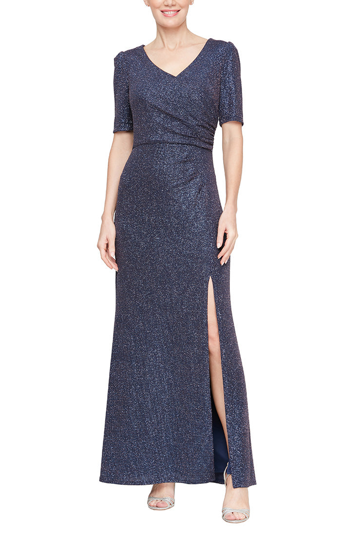 Plus Long Sleeveless Metallic Knit Surplice Neckline Dress with Front Slit & Elbow Sleeves