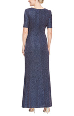 Long Sleeveless Surplice Neckline Metallic Knit Dress with Front Slit & Elbow Sleeves