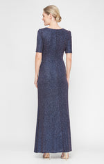 Petite - Metallic Glitter Knit Surplice Neckline Dress with Front Slit & Elbow Sleeves