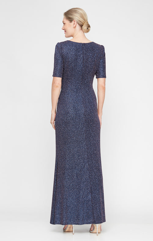 Petite - Metallic Glitter Knit Surplice Neckline Dress with Front Slit & Elbow Sleeves