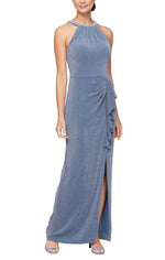 Metallic Knit Halter Dress with Embellished Neckline & Cascade Detail Skirt