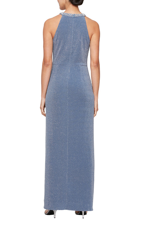 Metallic Knit Halter Dress with Embellished Neckline & Cascade Detail Skirt