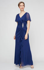 Long Surplice Neckline Mesh Dress with Flutter Sleeves, Embellishment at Hip and Cascade Skirt Detail