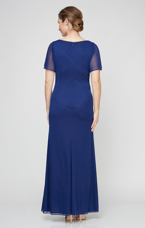 Long Surplice Neckline Mesh Dress with Flutter Sleeves, Embellishment at Hip and Cascade Skirt Detail