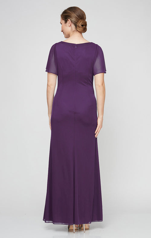 Petite Long Surplice Neckline Mesh Dress with Flutter Sleeves, Embellishment at Hip and Cascade Skirt Detail