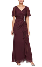 Long Surplice Neckline Mesh Dress with Flutter Sleeves, Embellishment at Hip and Cascade Skirt Detail