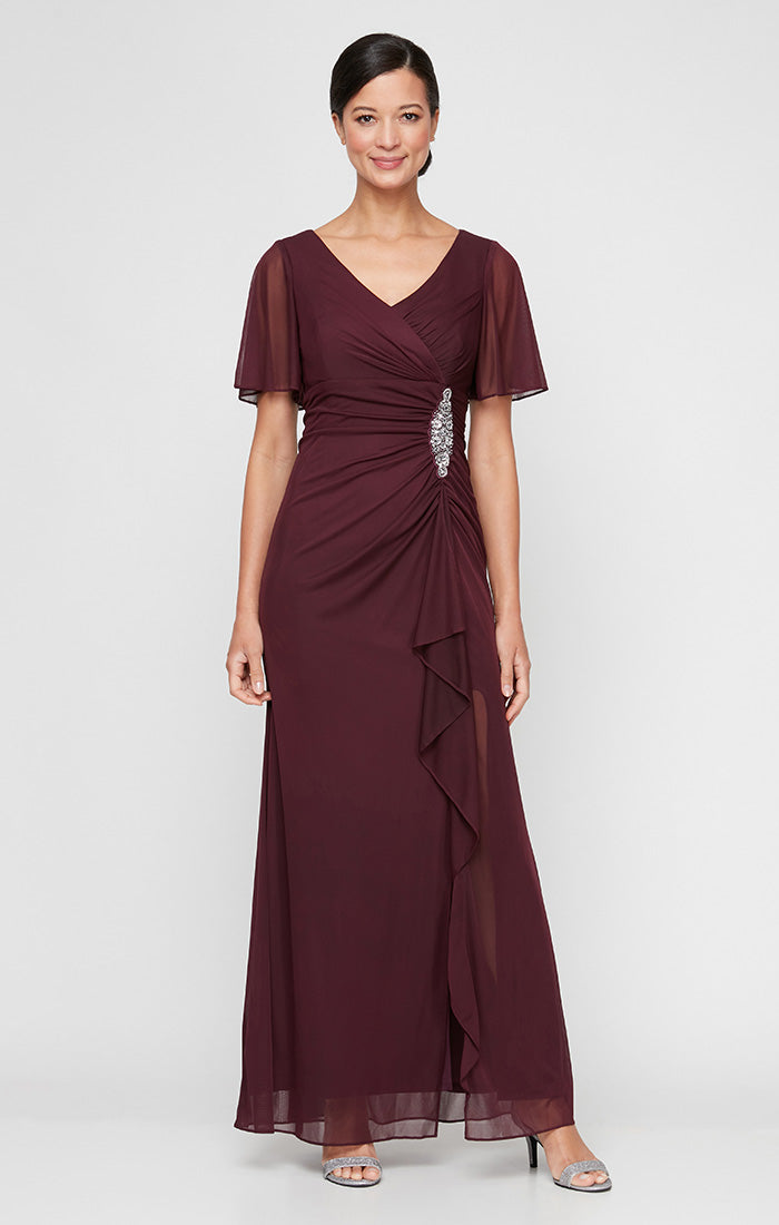 Long Surplice Neckline Mesh Dress with Flutter Sleeves, Embellishment at Hip and Cascade Skirt Detail