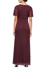 Long Surplice Neckline Mesh Dress with Flutter Sleeves, Embellishment at Hip and Cascade Skirt Detail