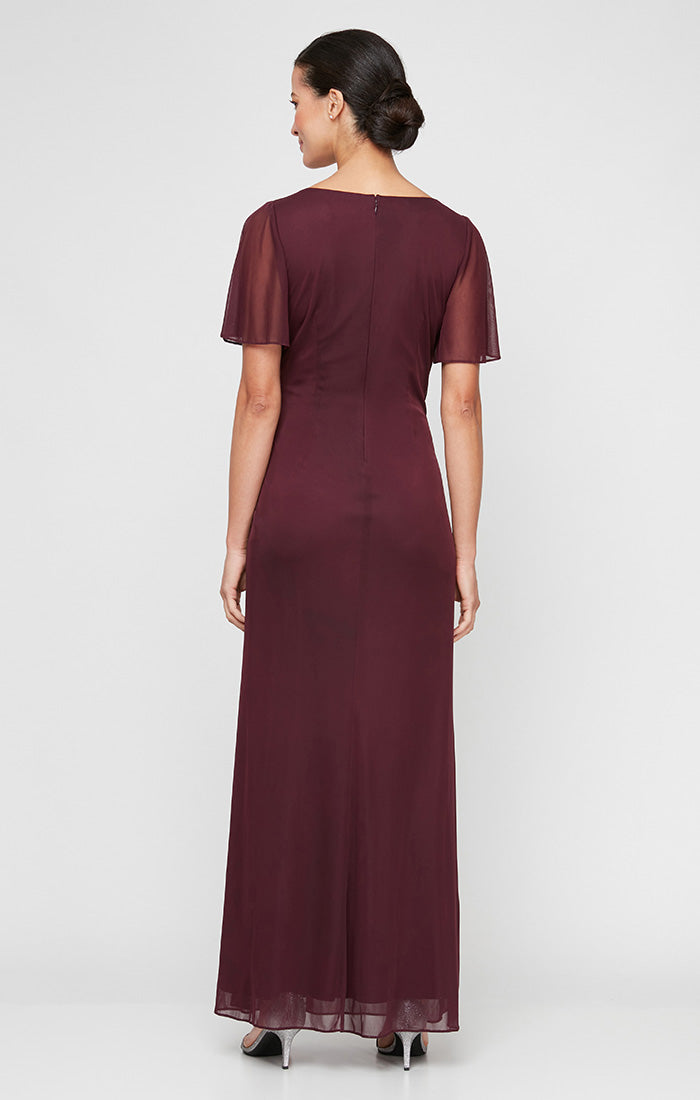 Long Surplice Neckline Mesh Dress with Flutter Sleeves, Embellishment at Hip and Cascade Skirt Detail