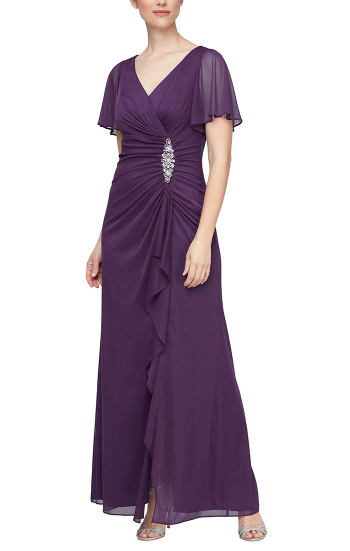 Long Surplice Neckline Mesh Dress with Flutter Sleeves, Embellishment at Hip and Cascade Skirt Detail