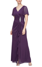 Plus Surplice Neckline Dress with Flutter Sleeves, Embellishment at Hip and Cascade Skirt Detail