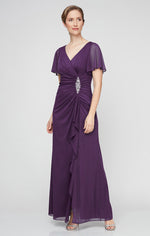 Long Surplice Neckline Mesh Dress with Flutter Sleeves, Embellishment at Hip and Cascade Skirt Detail