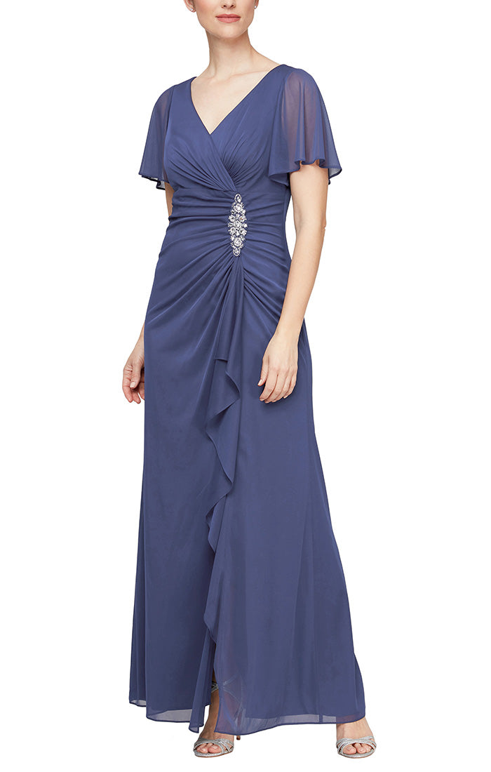 Petite Long Surplice Neckline Mesh Dress with Flutter Sleeves, Embellishment at Hip and Cascade Skirt Detail