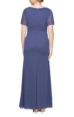 Long Surplice Neckline Mesh Dress with Flutter Sleeves, Embellishment at Hip and Cascade Skirt Detail