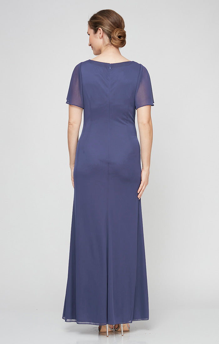 Long Surplice Neckline Mesh Dress with Flutter Sleeves, Embellishment at Hip and Cascade Skirt Detail