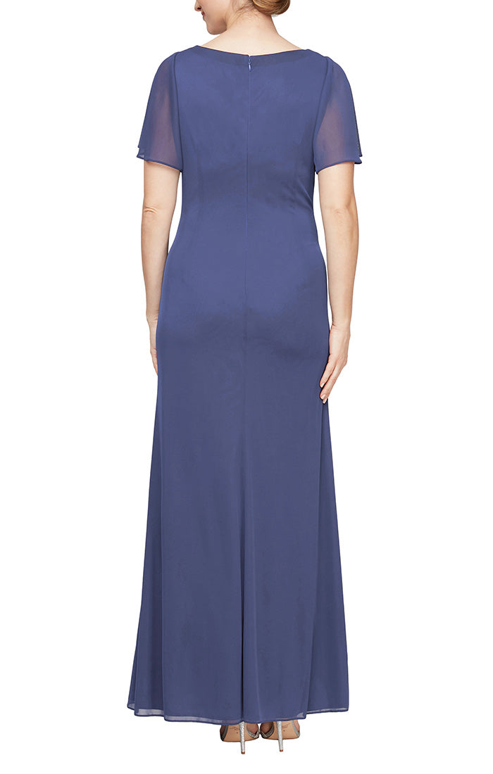 Long Surplice Neckline Mesh Dress with Flutter Sleeves, Embellishment at Hip and Cascade Skirt Detail