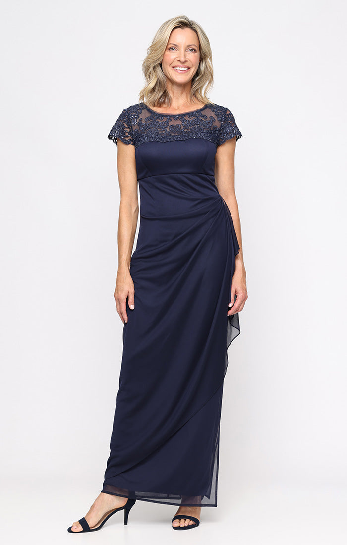 Petite - Cap Sleeve Mesh Dress with Embroidered Illusion Neckline and Cascade Detail Skirt