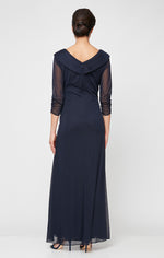 Long Portrait Collar Dress With Embellished Detail at Hip and Ruched Skirt Detail