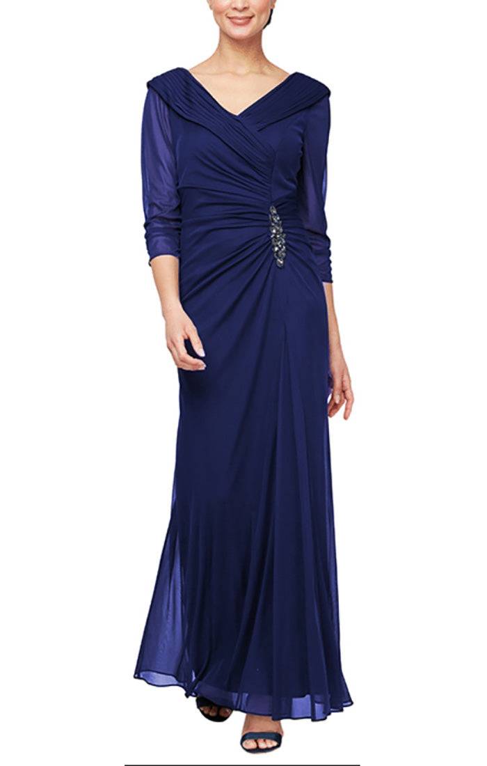 Plus Long Portrait Collar Dress with Embellished Detail at Hip and Ruched Skirt Detail