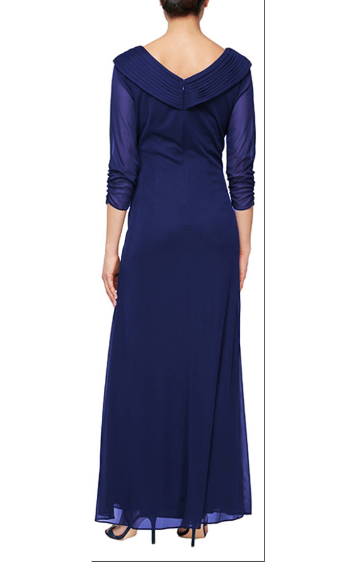 Plus Long Portrait Collar Dress with Embellished Detail at Hip and Ruched Skirt Detail