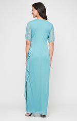 Long Empire Waist Dress with Surplice Neckline and Embellished Flutter Sleeves