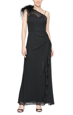 Long One Shoulder Mesh Dress with Illusion Feather Shoulder Detail and Cascade Ruffle Skirt