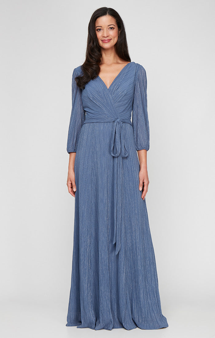 Regular - Long Micro Pleated Foil Mesh Dress with Surplice Neckline, Bubble Hem Sleeves and Tie Waist